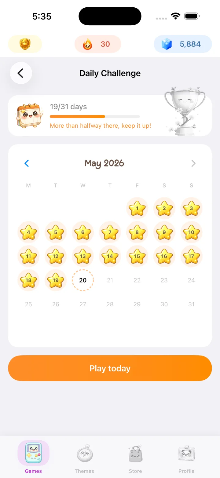 Cerebrum Daily Challenge calendar with completed days marked by stars