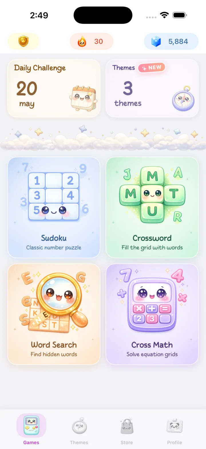 Cerebrum home screen showing the Sudoku, Crossword, Word Search, and Cross Math games