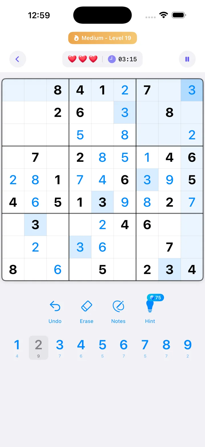 Cerebrum Sudoku gameplay with a partially filled grid and number pad