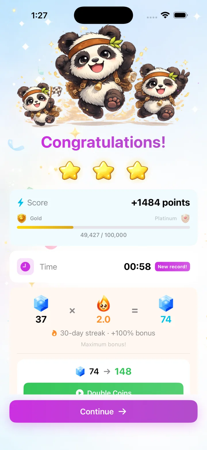 Cerebrum victory screen with three stars, score and a new record